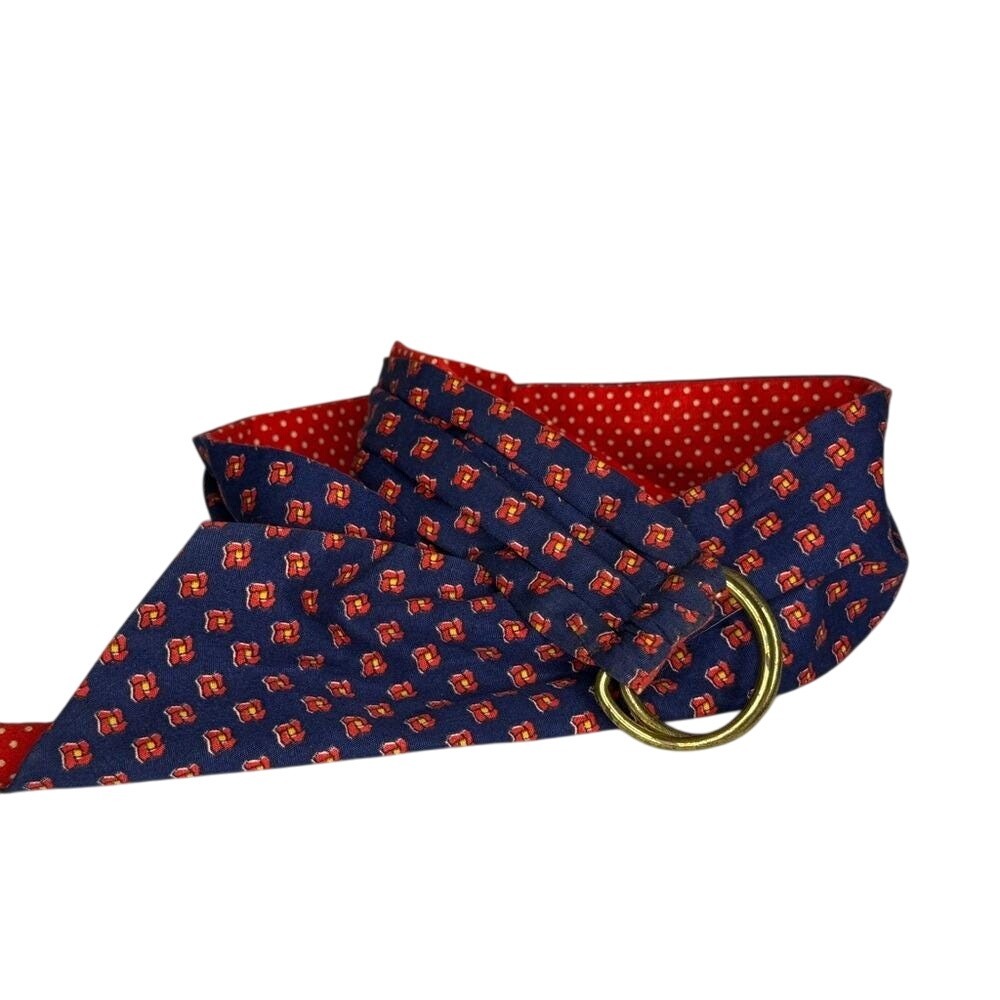 Vintage‎ Red Polka Dot and Blue Floral Tie Ring Belt Preppy Coastal